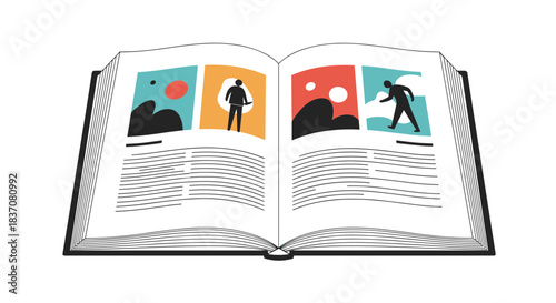 An open book is displayed showing a colorful comic book or graphic novel with panels of art and text on its pages.