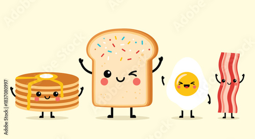 A cute and happy kawaii breakfast food set with smiling characters including pancakes toast a fried egg and a strip of bacon.