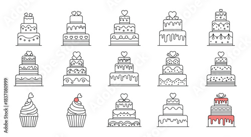 A large collection of wedding or birthday cake and cupcake icons in a simple and elegant black and white line art style.