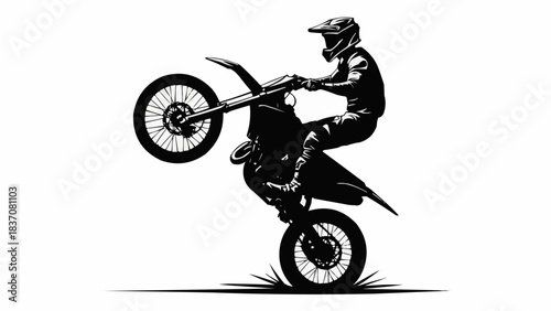 Motorcycle rider performing a wheelie stunt with focused determination and skill.