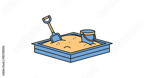 Simple line art illustration of a children's sandbox with a small blue bucket and shovel for playing isolated on a white background.