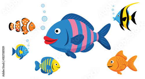 Vibrant collection of colorful and cute cartoon tropical fish swimming together with bubbles in the sea isolated on a white background.