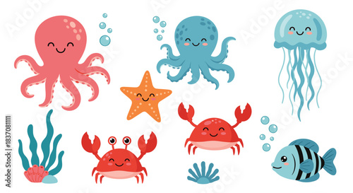 Cute collection of smiling sea animal characters including an octopus jellyfish crab starfish and fish isolated on white background.