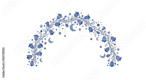 Whimsical floral arch of blue bellflowers decorated with celestial elements like stars and crescent moons on a white background.