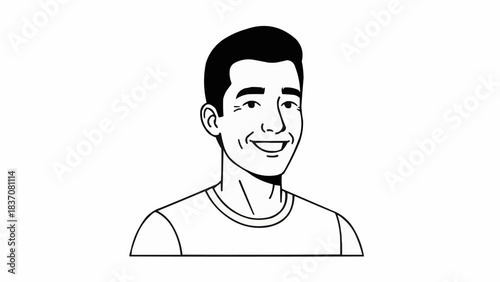 Smiling Young Man Line Art Portrait Black and White Illustration.