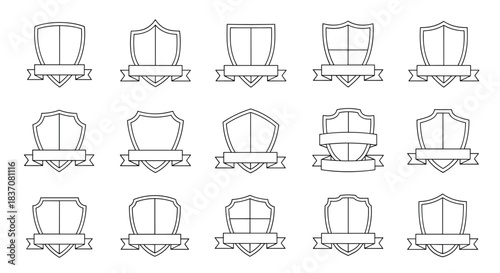 Large set of classic heraldic shield and ribbon banner templates in a clean black outline style for logos or emblems on white.
