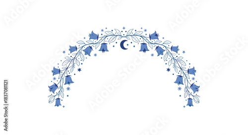 Elegant floral arch with blue bellflowers green leaves and celestial elements like a crescent moon and stars for decoration.