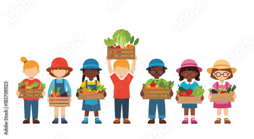 Diverse group of happy children holding wooden crates filled with fresh organic vegetables from the harvest promoting healthy eating.