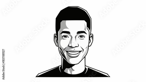 Portrait of a smiling young man in black and white illustration style.