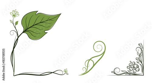 Set of three elegant hand-drawn green floral corner border elements with leaves vines and berries for decorative page design.