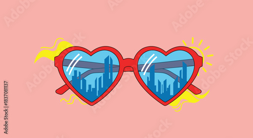 Stylish red heart-shaped sunglasses with a reflection of a city skyline inside the lenses on a solid pink color background.