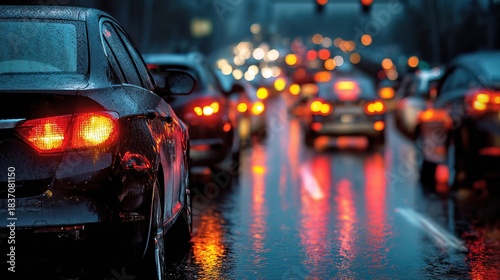 Cars are stuck in traffic at an intersection during rain. street is wet and reflections from vehicle lights create a colorful scene in evening