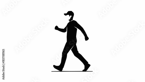 Silhouette of a person walking with a cap on, side view.