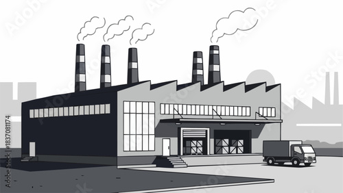 Black and white illustration of an industrial factory building with smokestacks.