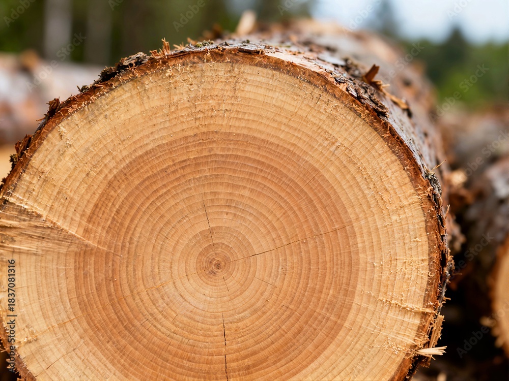 Naklejka premium Close-up of the end of a felled log, displaying its prominent annual rings and rough bark in a bright outdoor lumber yard.