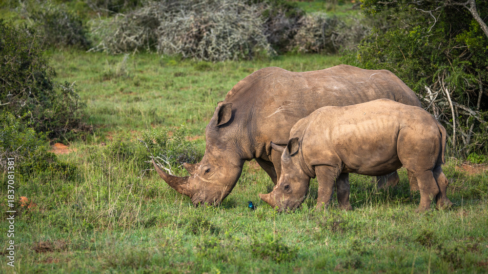 Obraz premium White rhinoceros with a calf (Ceratotherium simum), Shamwari Private Game Reserve, South Africa.
