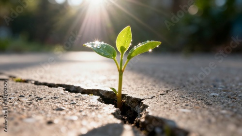 A tenacious young plant with dew drops emerges and grows through a deep crack in dry, harsh concrete pavement.