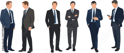 Professional businessmen in elegant suits standing, talking, and networking in a corporate environment, representing success, management, and executive team leadership