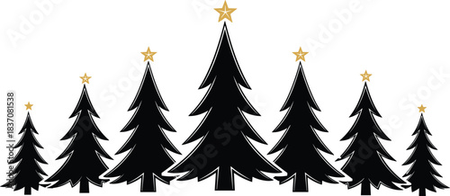 PrintRow of elegant black Christmas tree silhouettes vector, each topped with a gold star, creating a stylish, minimalist holiday border for festive designs and banners.