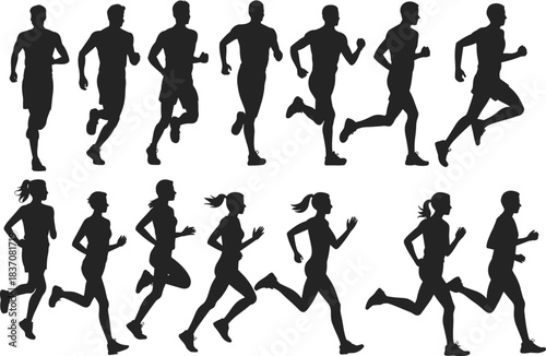 WebSet of diverse male and female running silhouettes, representing a marathon, fitness, health, athleticism, competitive spirit, and group sports training.