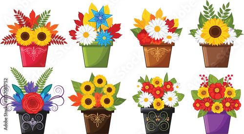 PrintSet of eight colorful autumn flower arrangements in decorative pots, featuring sunflowers, daisies, leaves, and various festive floral bouquets for seasonal decoration.