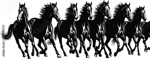 Set of Eight Dynamic Black Vector Silhouettes Featuring Wild Horses Running, Ideal for Freedom, Speed, Power, Nature, Equestrian Sport, and Western Design Concepts.