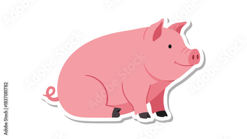 A Pink Pig Sitting Down Smiling With A Curly Tail And Dark Feet On A Black Background A Simple Cartoon Style Illustration With A White Outline Suggesting A Sticker Or Decal