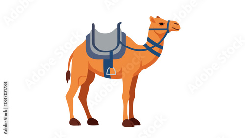 A pixel art dromedary camel wearing a blue and grey saddle and halter stands on a dark surface against a black background showcasing its orange fur and detailed legs with a gentle smile