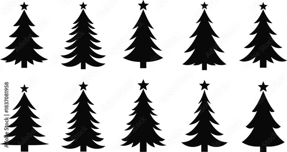 Obraz premium PrintSet of Ten Christmas Tree Silhouettes with Star Toppers, Black Holiday Pine Icons Collection, Simple Vector Illustration for Festive Decoration, Seasonal Graphic Design Elements and Symbols.