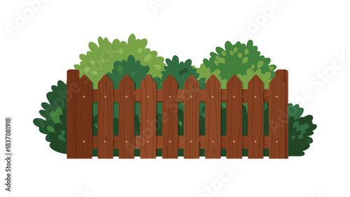 A Rustic Wooden Picket Fence Stands Tall Against Lush Green Bushes in a Brightly Lit Outdoor Setting