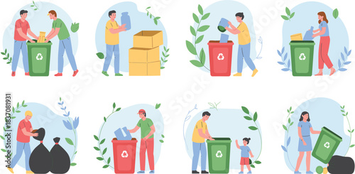 PrintSet of People Recycling Garbage and Waste Vector Illustrations, Sorting Trash into Bins for Paper, Plastic, and General Refuse, Environmental Protection and Eco-Friendly Concept