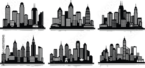 Set of Six Black Vector Silhouettes Featuring Different Modern City Skylines with Tall Buildings, Ideal for Urban Life, Real Estate, Business, and Metropolis Concepts.