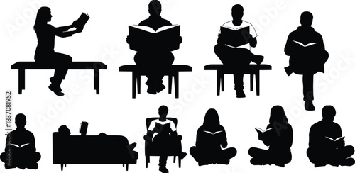 WebSet of Ten Black Silhouettes of Diverse People Reading Books in Various Sitting, Lying, and Relaxed Poses, Representing Literacy and Study Time