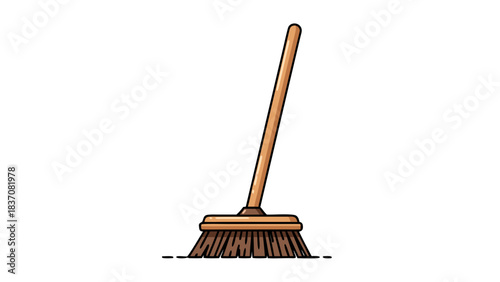 A Simple Brown Broom With Natural Bristles and a Wooden Handle Stands Tall Against a Stark Black Background Offering a Clean Minimalist Aesthetic for Cleaning and Household Chores