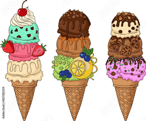 Create a kinds of deferent Triple scoop ice cream cone vector art with white background.