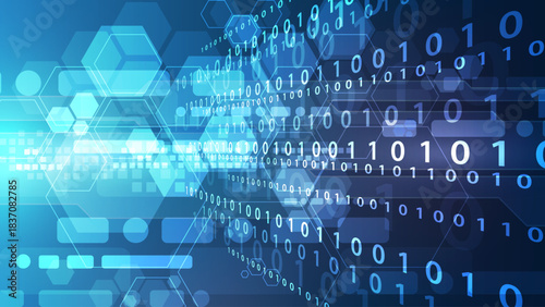 Binary Code Data Flow Background: Abstract Geometric Hexagon and High-Speed Digital Technology