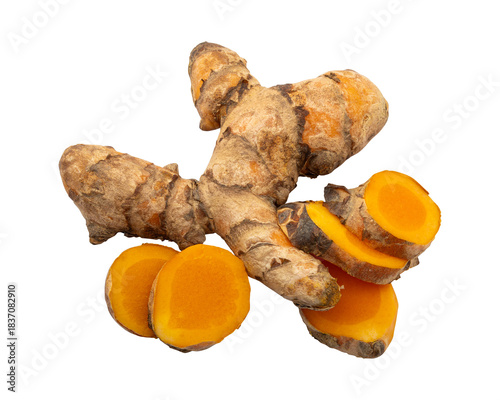 Whole and sliced raw turmeric Isolated on transparent background