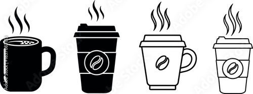 Hot Coffee and Tea Cups Icons Set, Black and White Silhouette Vector Clipart for Cafe Menu, Takeaway Beverage, and Morning Drink Symbols.