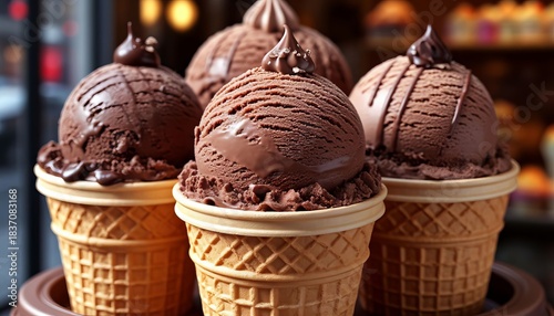 Colorful, chocolate, and butter ice cream in balls, in a beautiful bucket, or in a waffle cone, sprinkled with sprinkles or chocolate.