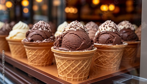 Colorful, chocolate, and butter ice cream in balls, in a beautiful bucket, or in a waffle cone, sprinkled with sprinkles or chocolate.