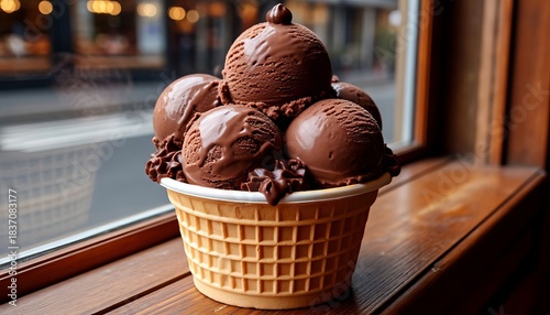 Colorful, chocolate, and butter ice cream in balls, in a beautiful bucket, or in a waffle cone, sprinkled with sprinkles or chocolate.