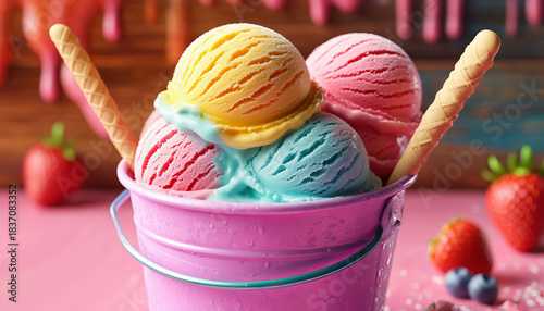 Colorful, chocolate, and butter ice cream in balls, in a beautiful bucket, or in a waffle cone, sprinkled with sprinkles or chocolate.