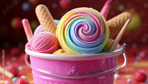 Colorful, chocolate, and butter ice cream in balls, in a beautiful bucket, or in a waffle cone, sprinkled with sprinkles or chocolate.