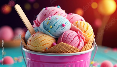 Colorful, chocolate, and butter ice cream in balls, in a beautiful bucket, or in a waffle cone, sprinkled with sprinkles or chocolate.