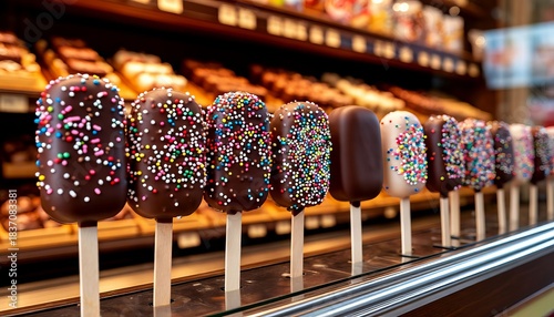 A chocolate ice cream on a stick, in a store window.