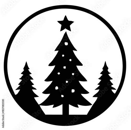 A black and white graphic silhouette of three festive Christmas trees with a star on top, enclosed in a circular frame.