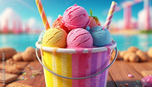 Colorful, chocolate, and butter ice cream in balls, in a beautiful bucket, or in a waffle cone, sprinkled with sprinkles or chocolate.