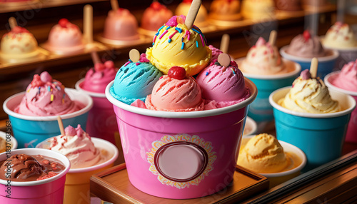 Colorful, chocolate, and butter ice cream in balls, in a beautiful bucket, or in a waffle cone, sprinkled with sprinkles or chocolate.