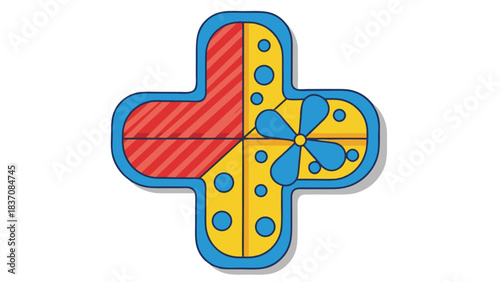 Abstract Geometric Cross Shape with Red and Yellow Sections Featuring Blue Bubbles and a Propeller Design Isolated on Black Background with Subtle Shadowing