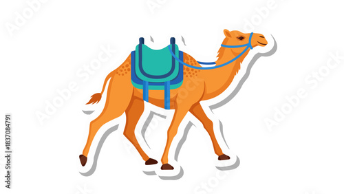 A Stylized Camel With a Teal Saddle and Blue Halter Standing Against a Black Background With a White Outline and Subtle Shadow Effect